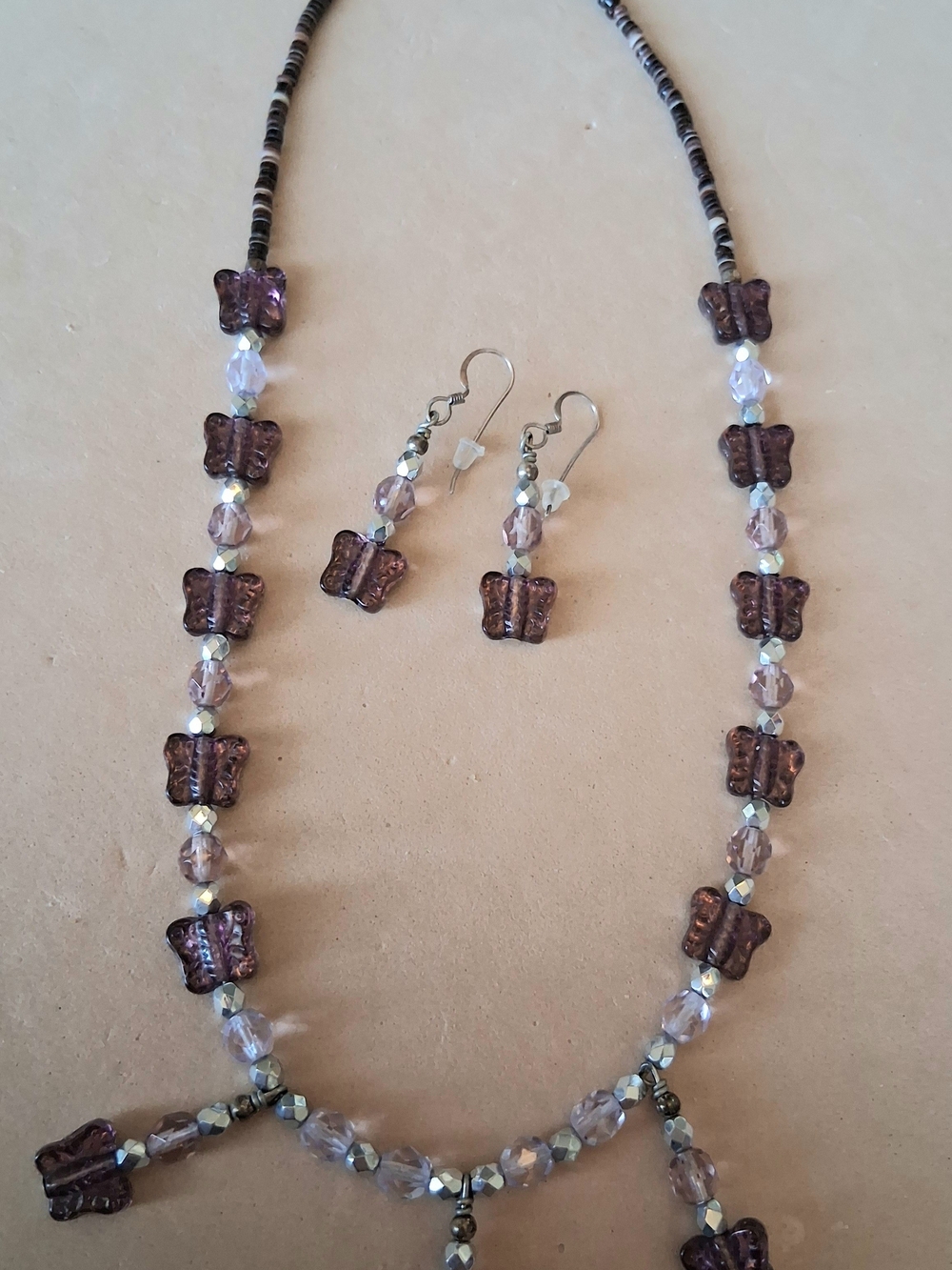 Handmade Purple Butterfly Bead Necklace & Earring Set - Women Jewelry